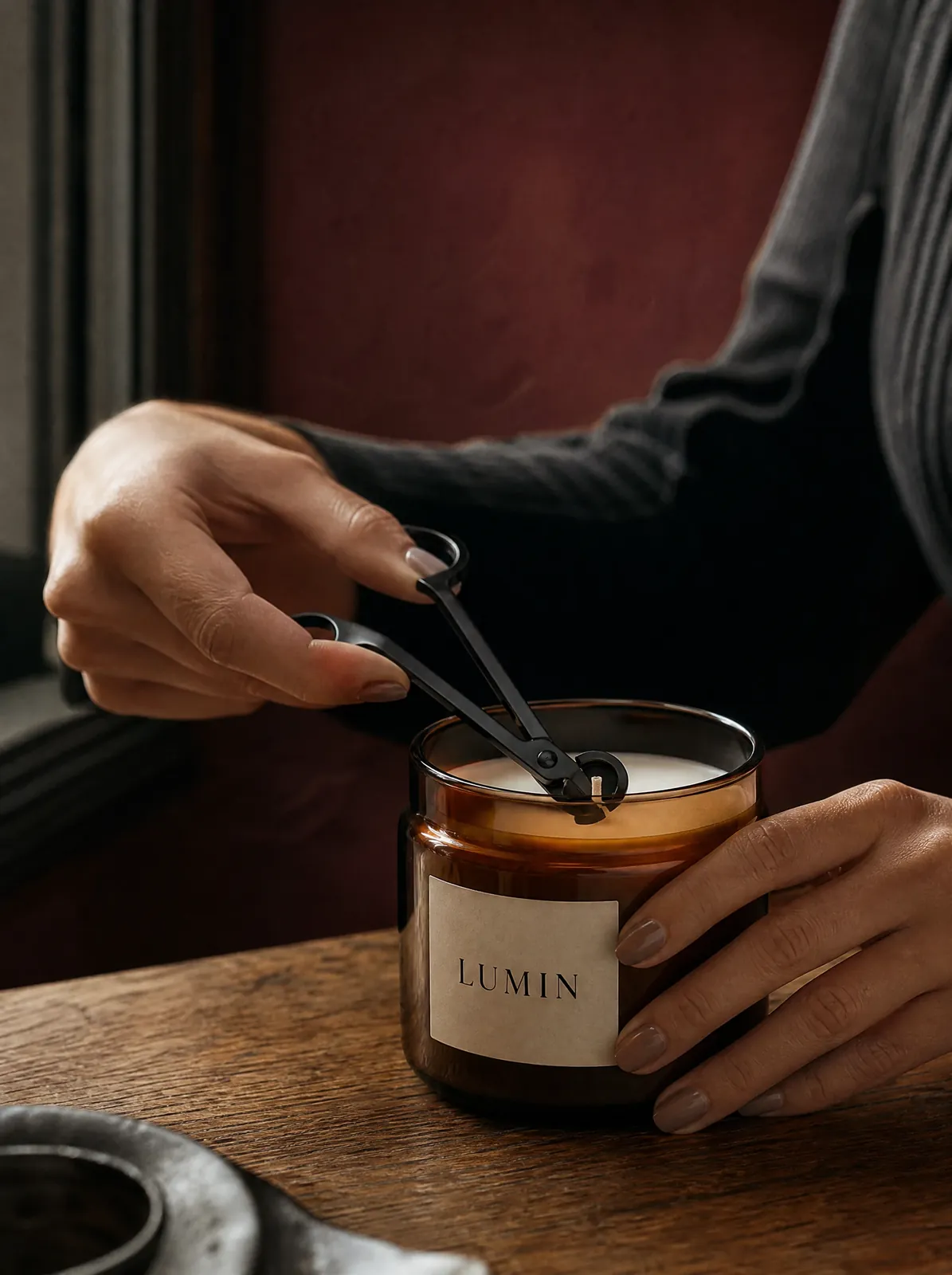 Hands trimming the wick